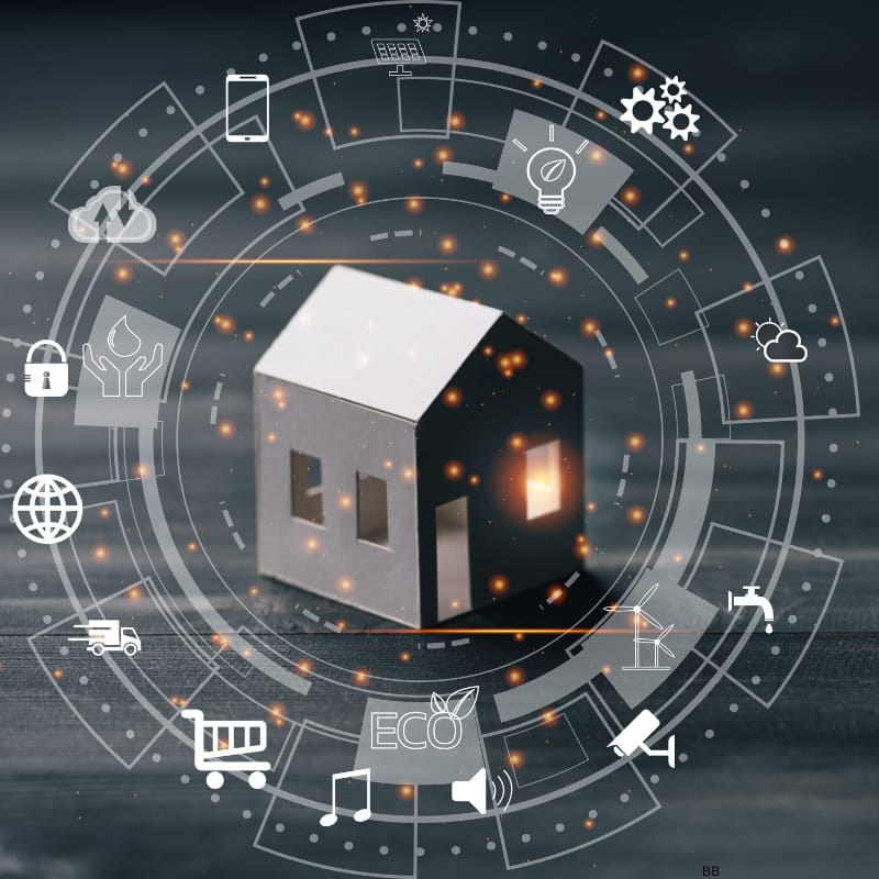 A smart home surrounded by icons for the connected services and product categories in its catalog