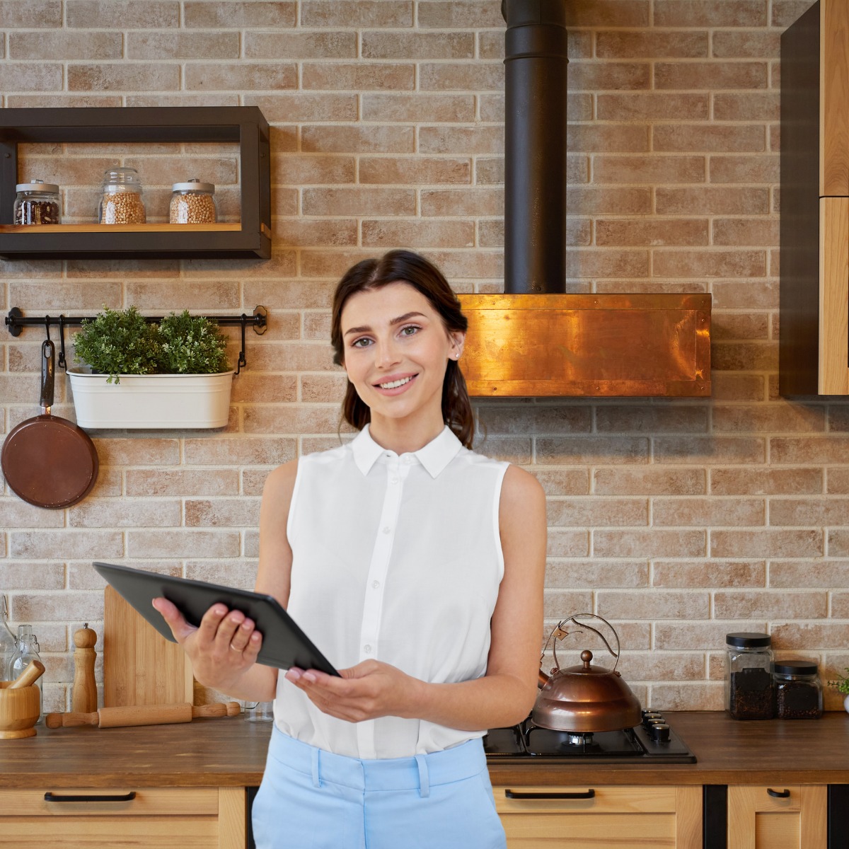A smiling homeowner planning her project on a tablet in a bright kitchen